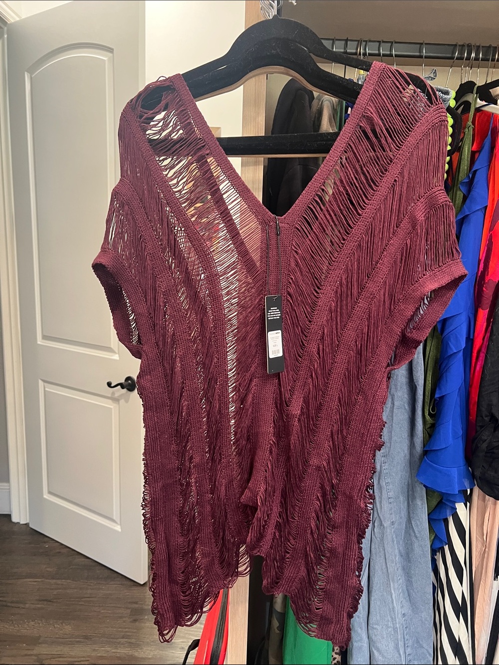 Fashion Nova Open-Knit V-Neck Tunic - Burgundy
